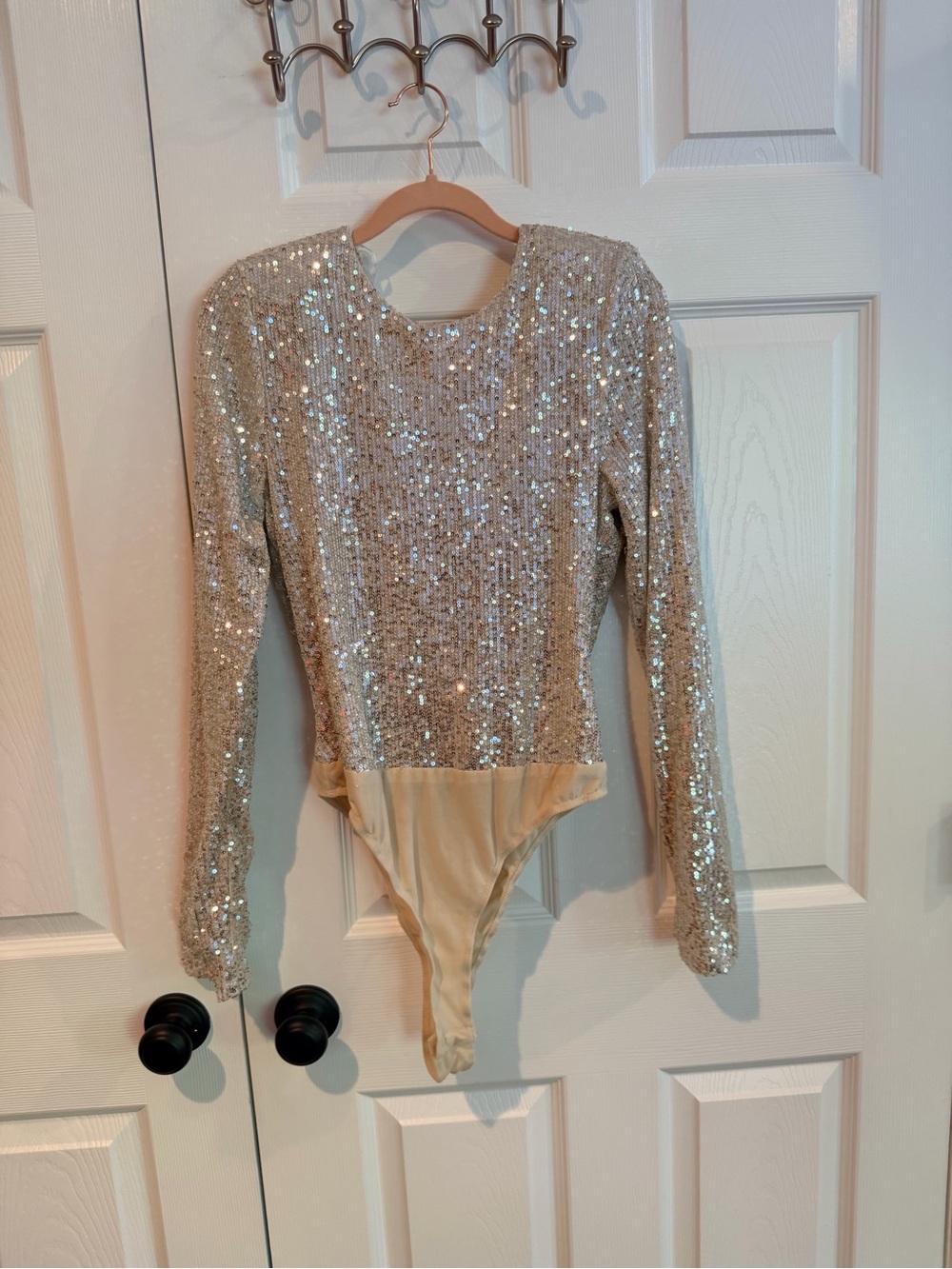 Lulu's Girls Sequin Long-Sleeve One-Piece Bodysuit in Champagne Gold